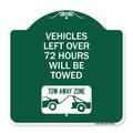 Signmission Vehicles Left Over 72 Hours Towed Tow-Away Zone W/ Car Tow Graphic Alum, 18" x 18", GW-1818-22739 A-DES-GW-1818-22739